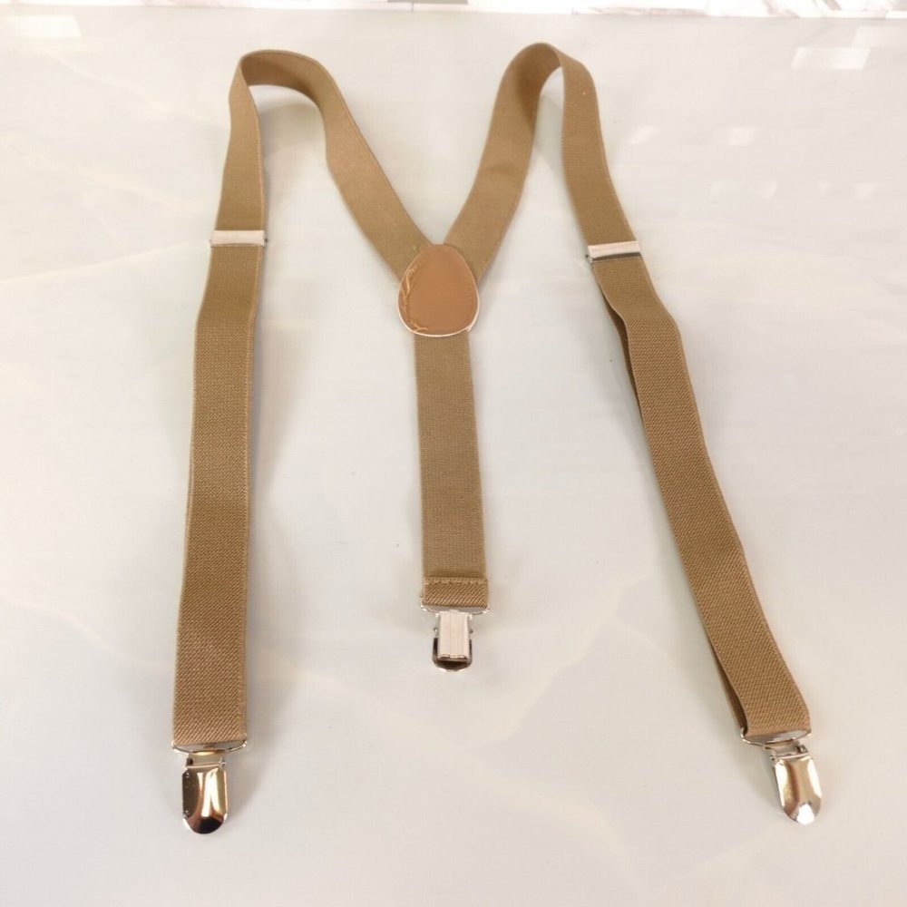 Boys Tan Suspenders Solid Beige Silver Clip Y Back Classic Adjustable‎ Stretch